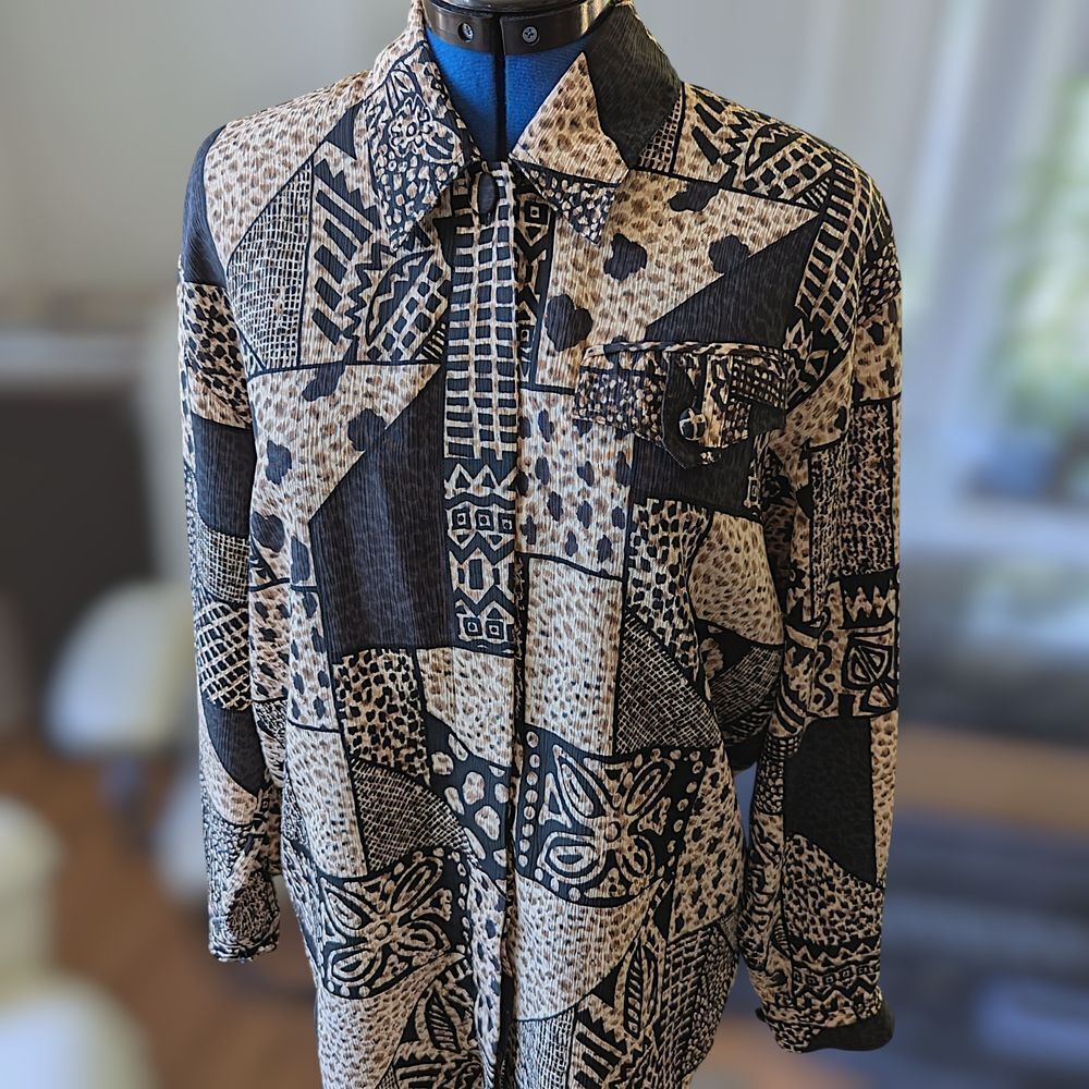 Vintage 90s black and tan abstract pattern dress shirt
